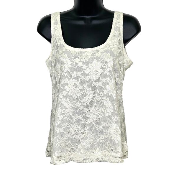 Cupio Ivory Scoop Neck Floral Lace Overlay Summer Tank Top - Picture 1 of 6